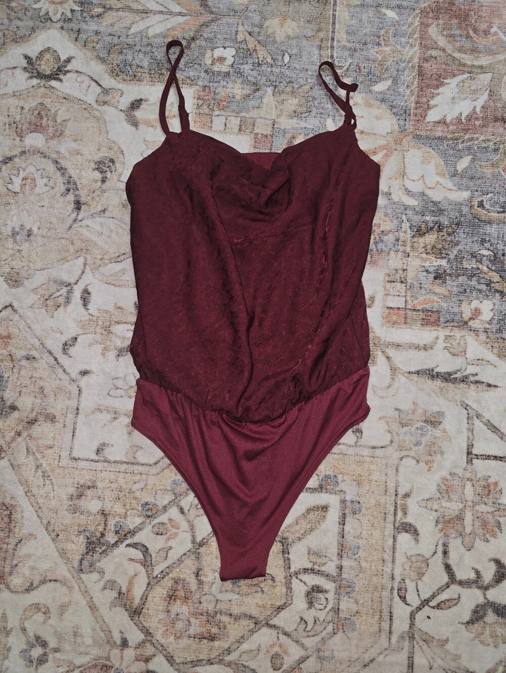 She + Sky Wine Red Lace Draped Bodysuit